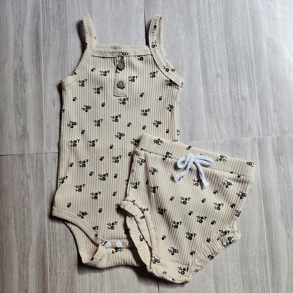 Boho Floral Ribbed Romper & Bloomer 2Pc Set Beige Henley Bodysuit Summer 18-24M